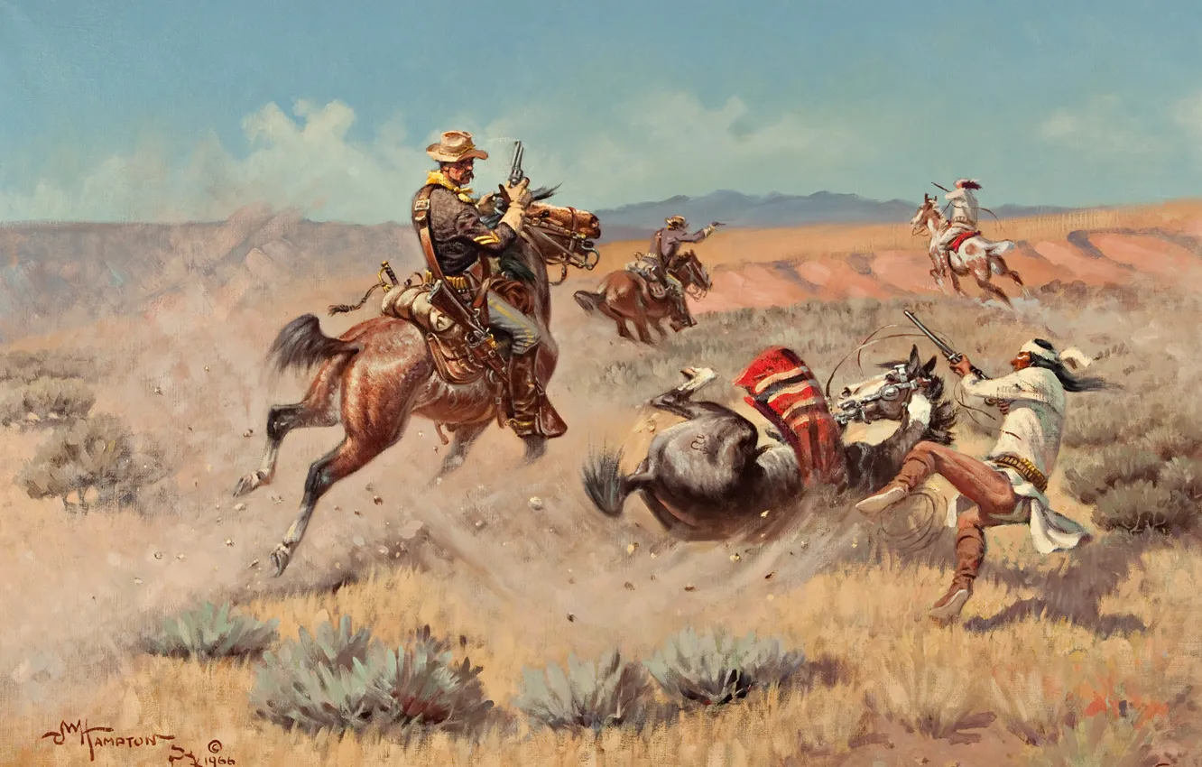 Photo wallpaper the sky, mountains, war, horse, picture, Prairie, Indian, John Wade Hampton