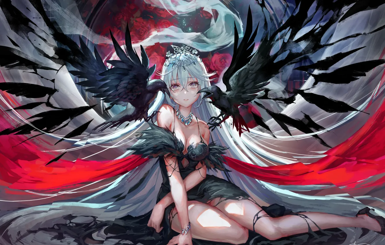 Photo wallpaper girl, fantasy, lingerie, cleavage, breast, anime, birds, artist