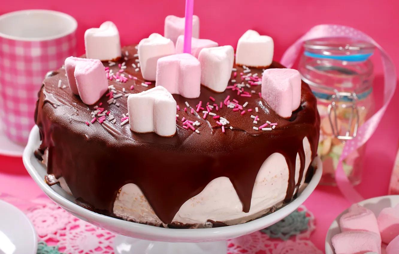 Photo wallpaper birthday, heart, chocolate, cake, sweet, chocolate, glaze, marshmallows