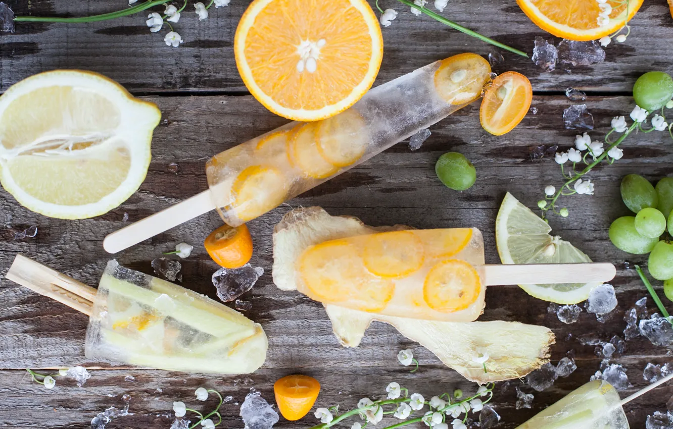 Photo wallpaper ice cream, flowers, lilies of the valley, grapes, fruit ice, orange, citrus