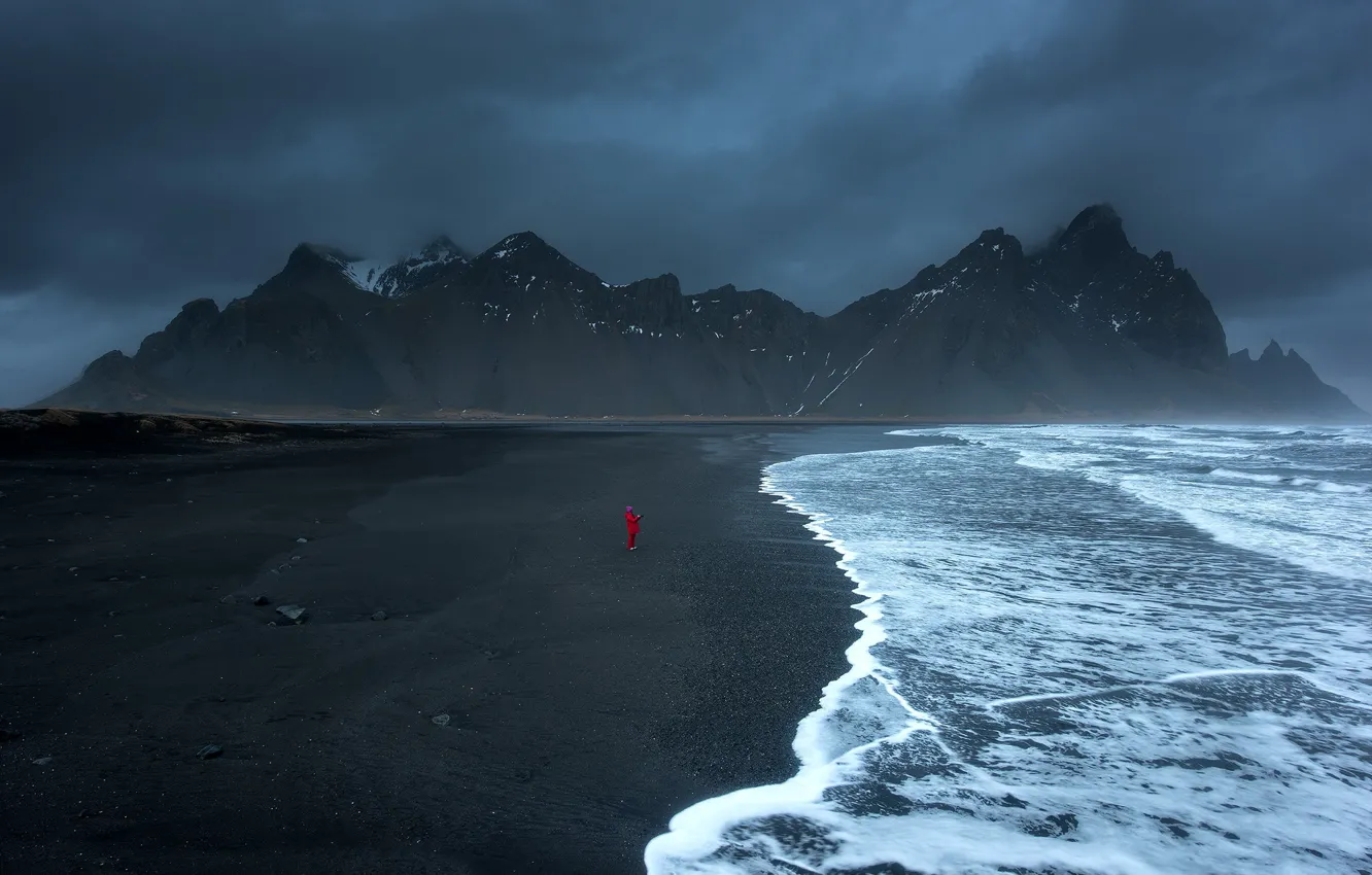 Photo wallpaper beach, the sky, clouds, mountains, people, Iceland, the fjord, Cape