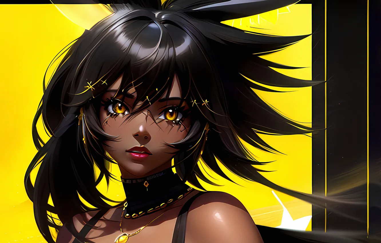 Photo wallpaper decoration, brunette, mulatto, beautiful girl, yellow eyes, AI art, Stable Diffusion, Stability AI