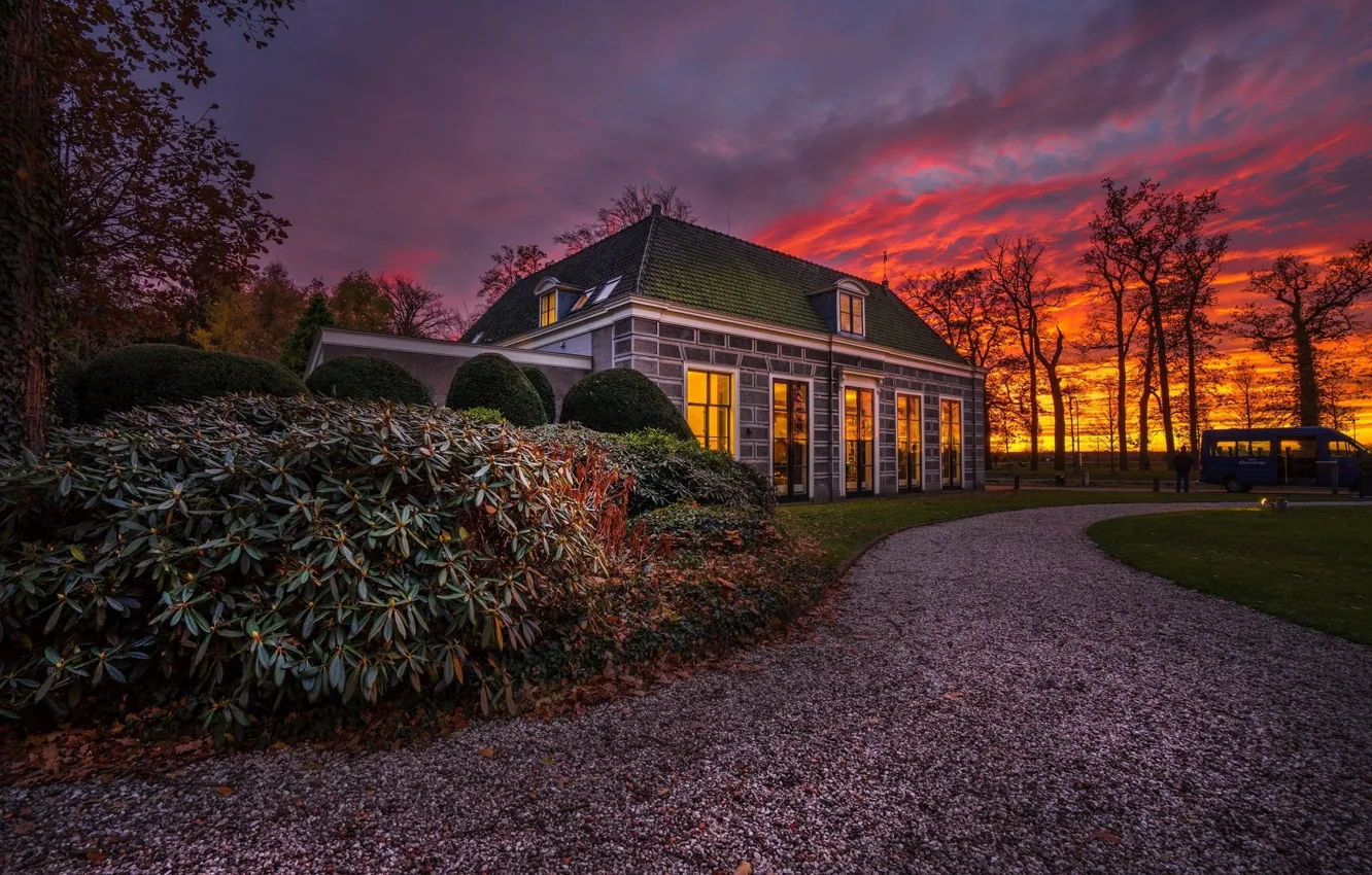 Photo wallpaper sunset, house, the evening