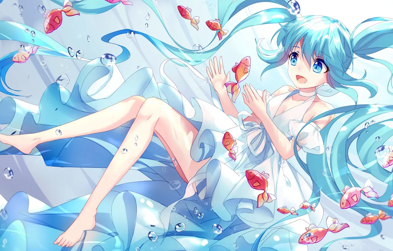 Photo wallpaper fish, girl, Hatsune Miku, Vocaloid, Vocaloid, blue hair, Hatsune Miku