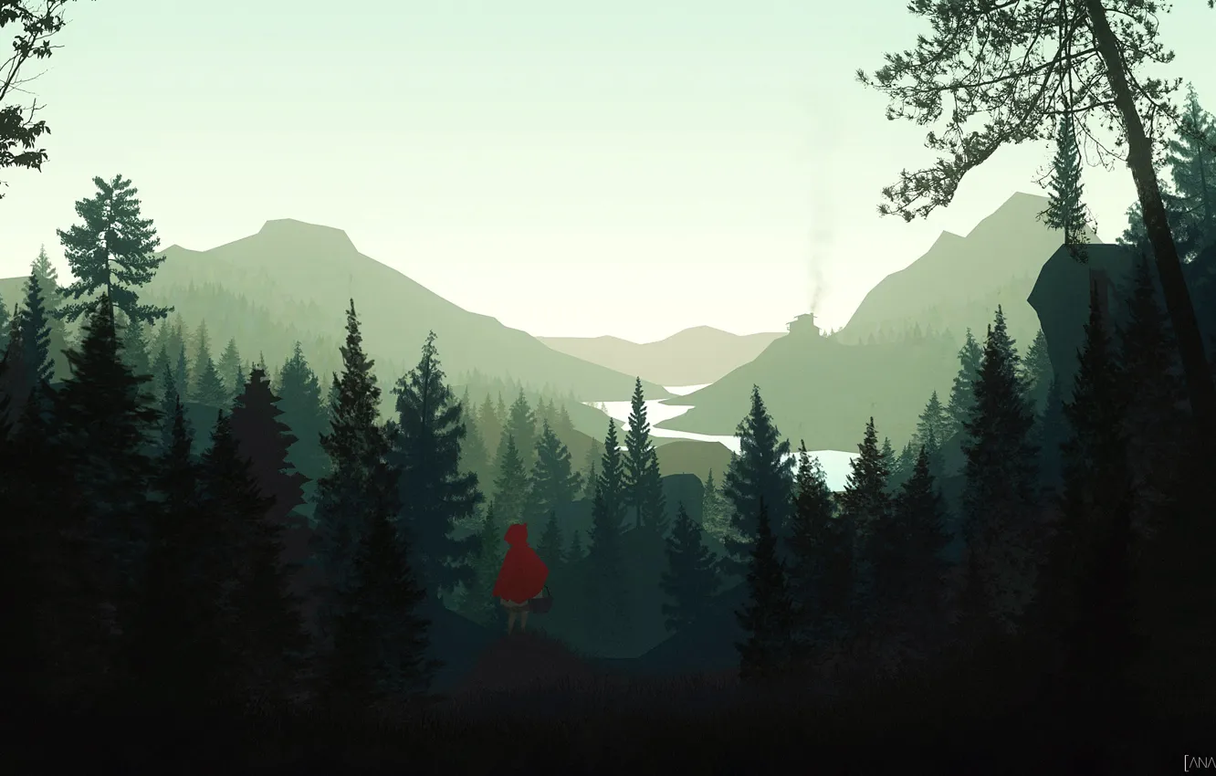 Photo wallpaper Minimalism, The game, Trees, Forest, Style, Landscape, Art, Little Red Riding Hood