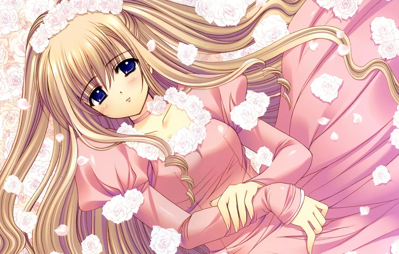 Photo wallpaper girl, flowers, hair, roses, anime, dress