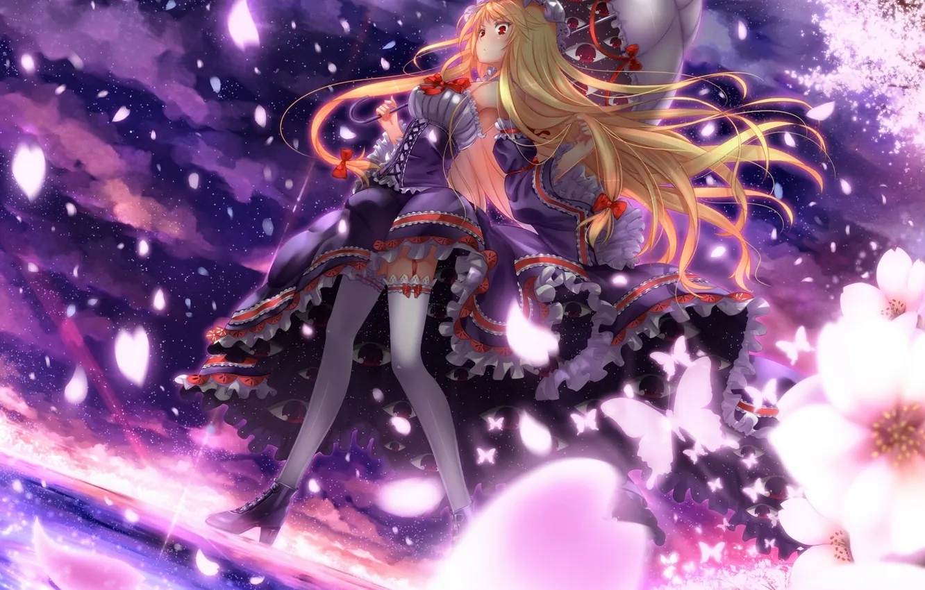 Photo wallpaper the sky, water, girl, clouds, trees, flowers, night, umbrella