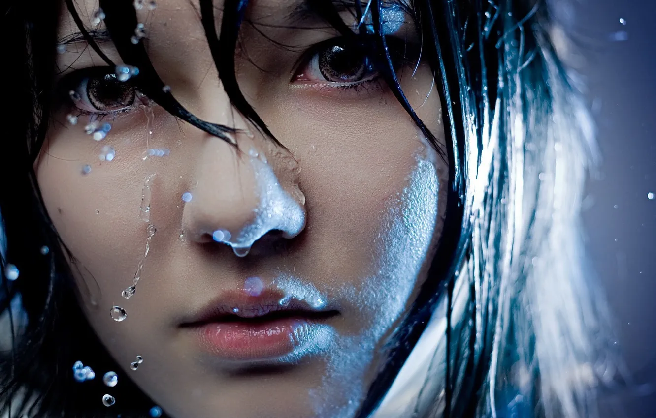Photo wallpaper girl, drops, face, rain