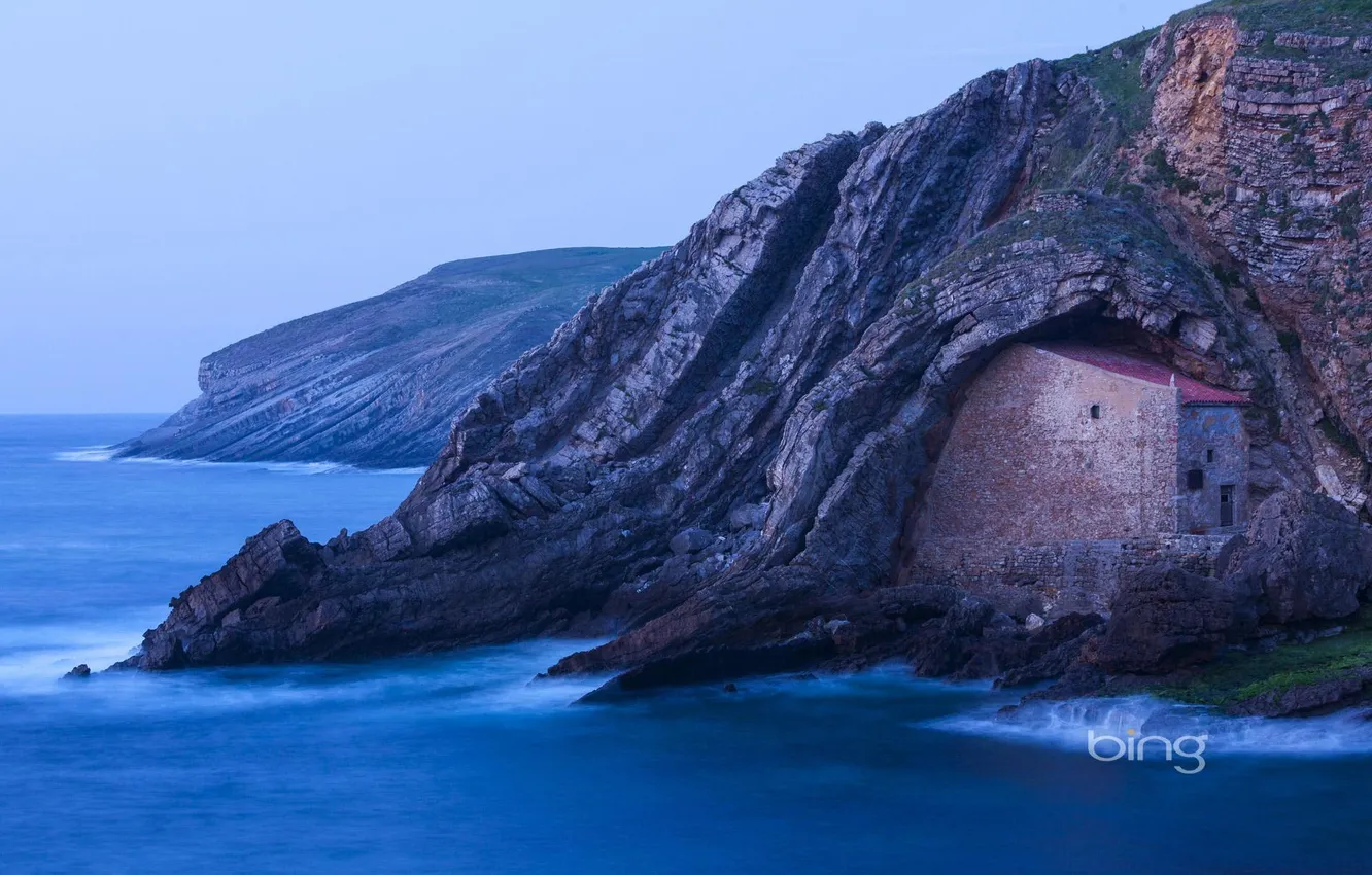 Photo wallpaper sea, the sky, mountains, nature, rocks, house