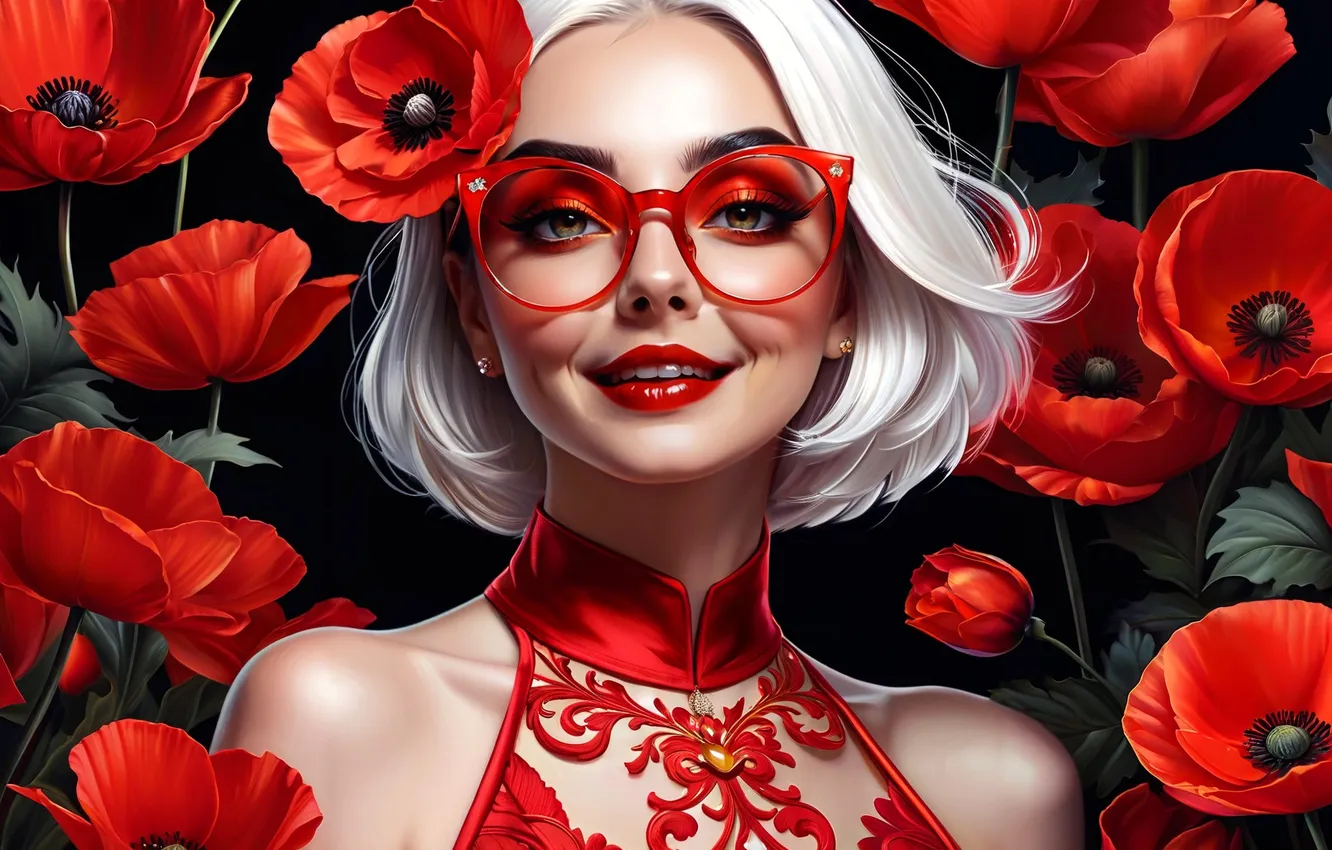 Photo wallpaper BLONDE, LOOK, FLOWERS, GLASSES, RED, SMILE, FACE, MAKI
