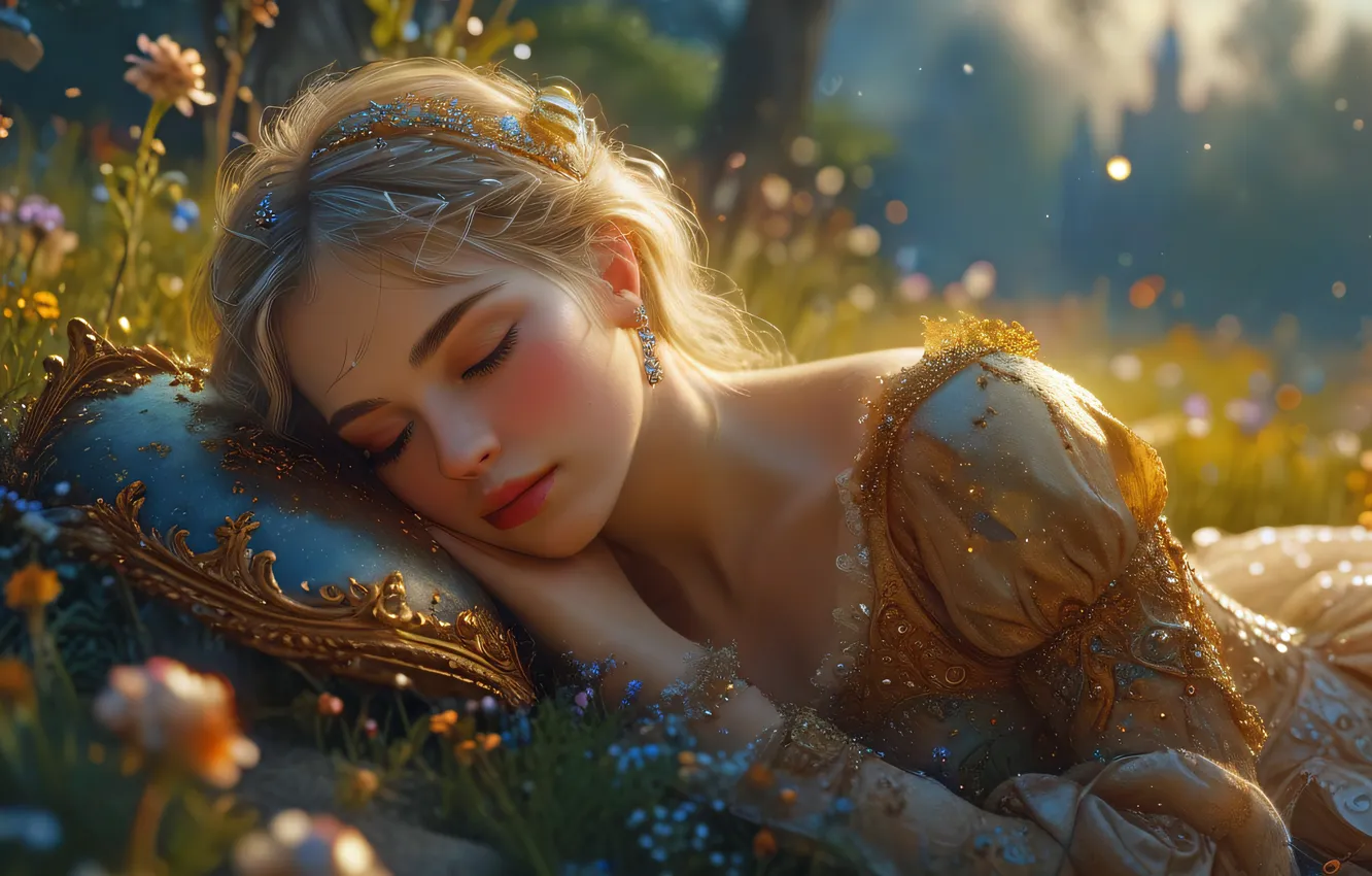 Photo wallpaper girl, flowers, dawn, hair, blonde, sleeping, digital art, AI art