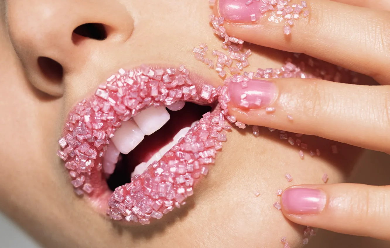 Photo wallpaper pink, teeth, lips, sugar, nails, lacquer