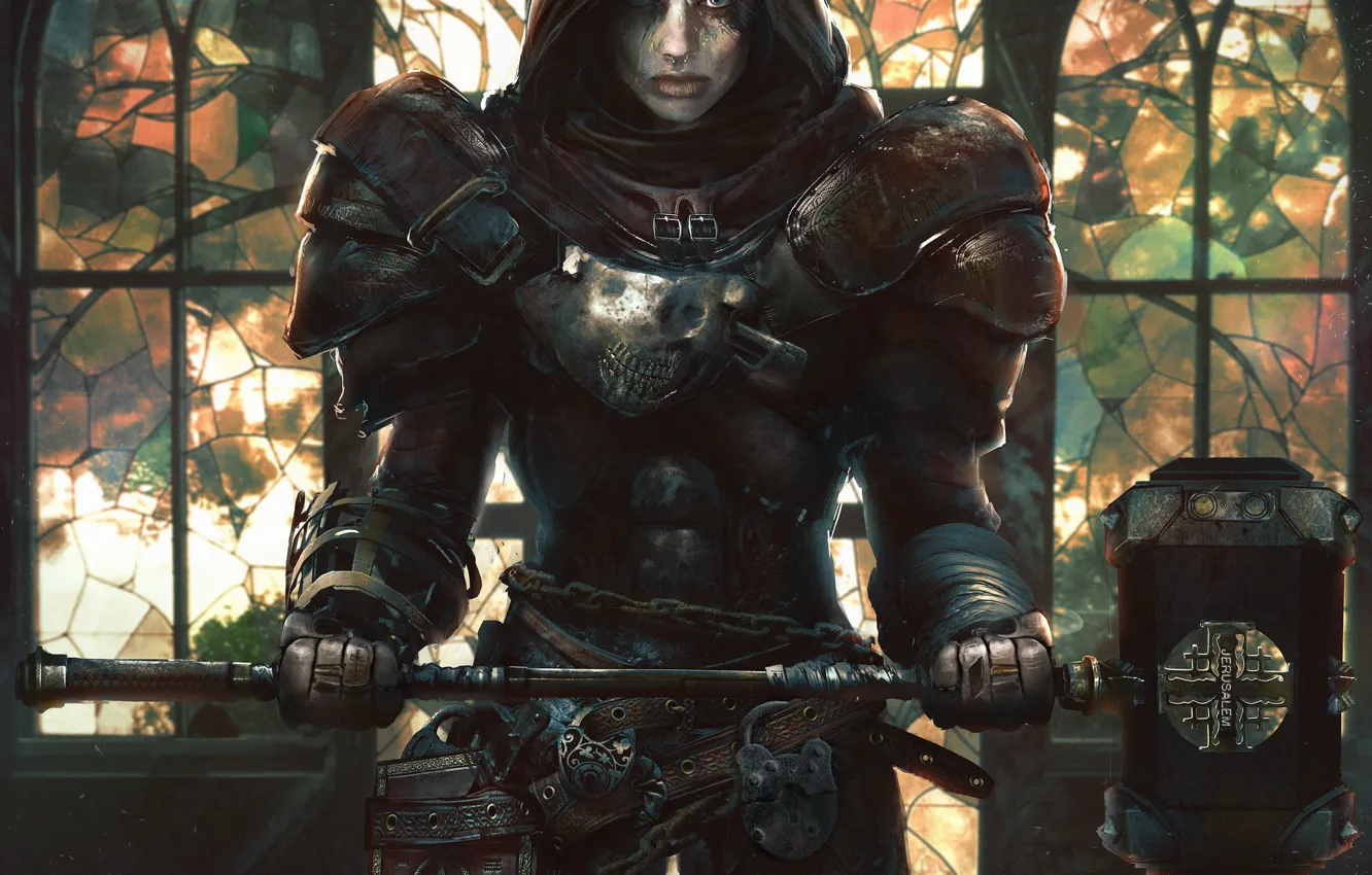 Photo wallpaper woman, armor, stained glass, hell mary