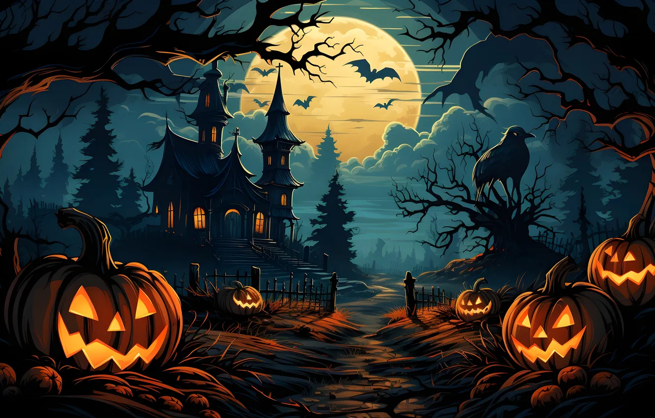 Photo wallpaper road, clouds, trees, night, lights, the moon, the fence, home