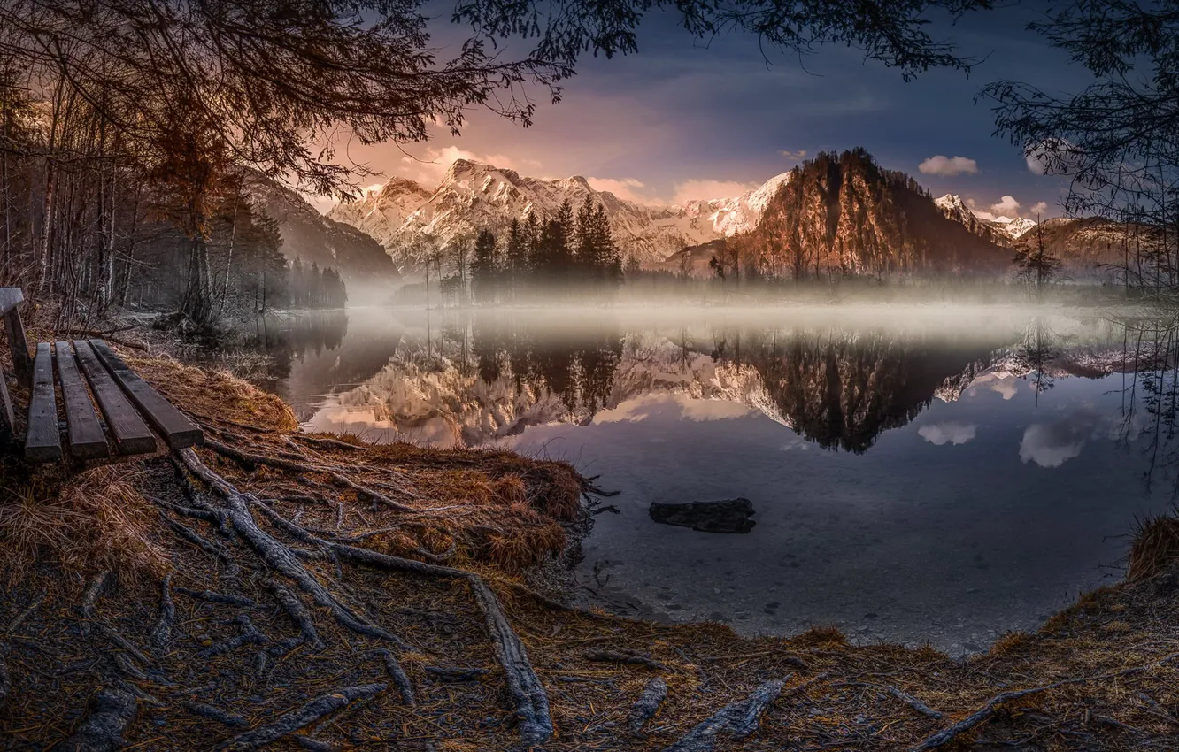 Photo wallpaper mountains, nature, lake, twilight, bench