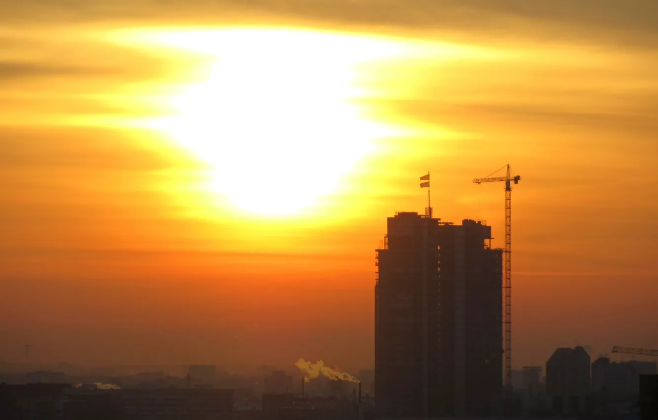 Photo wallpaper The sun, The sky, Construction, Dawn, High-rise building, Minsk
