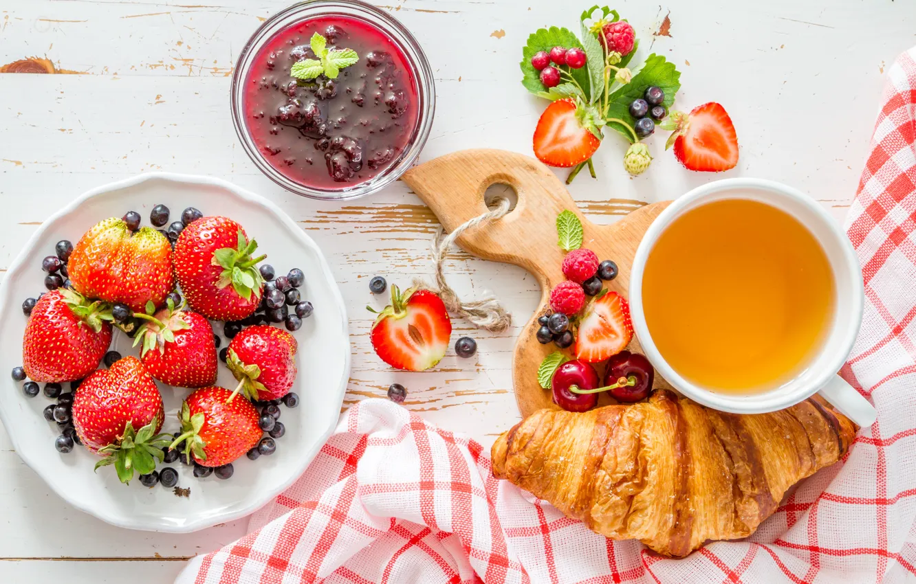 Photo wallpaper berries, tea, Breakfast, croissant, Naumenko Oleksandra