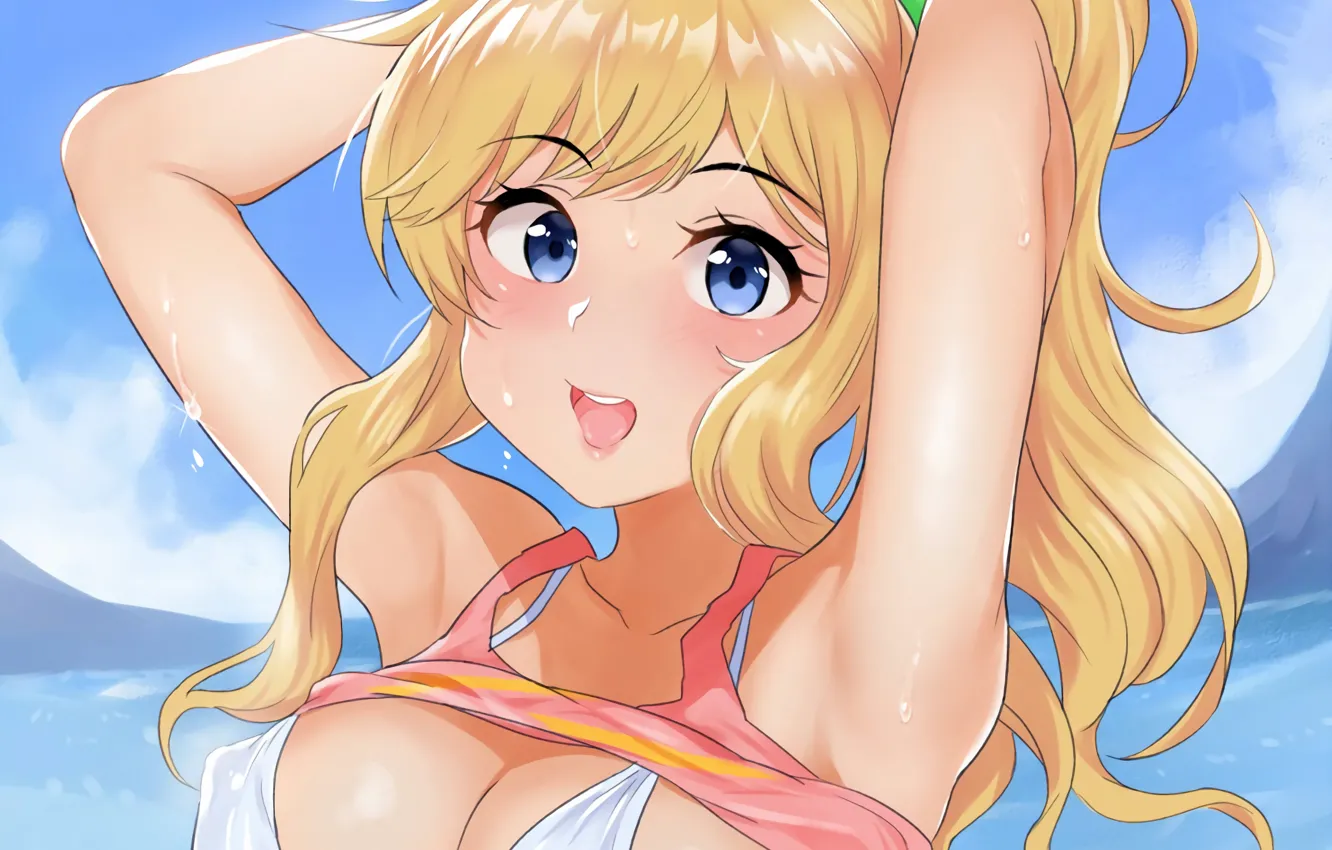 Photo wallpaper girl, sexy, cleavage, beach, long hair, boobs, anime, blue eyes