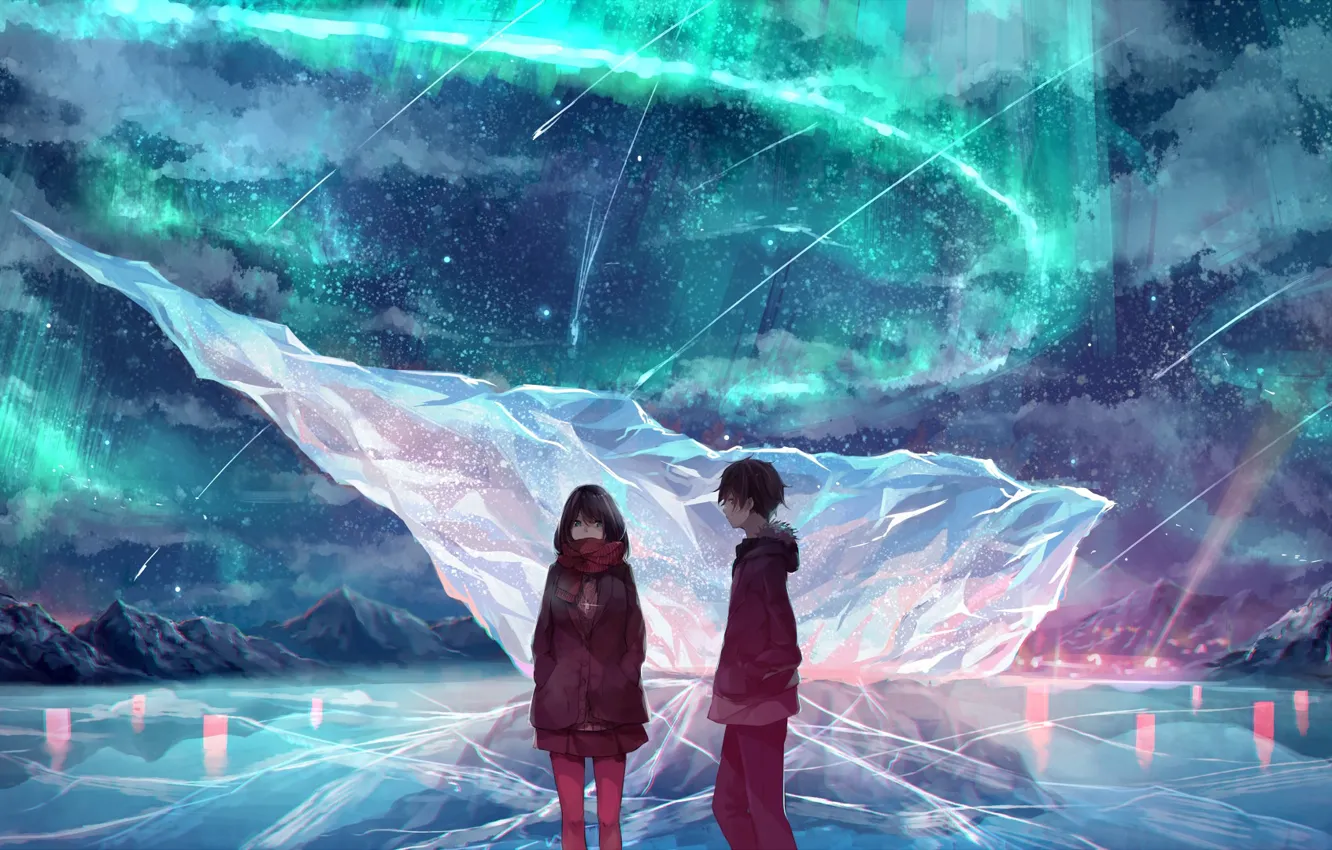 Photo wallpaper winter, the sky, girl, mountains, night, nature, Northern lights, anime