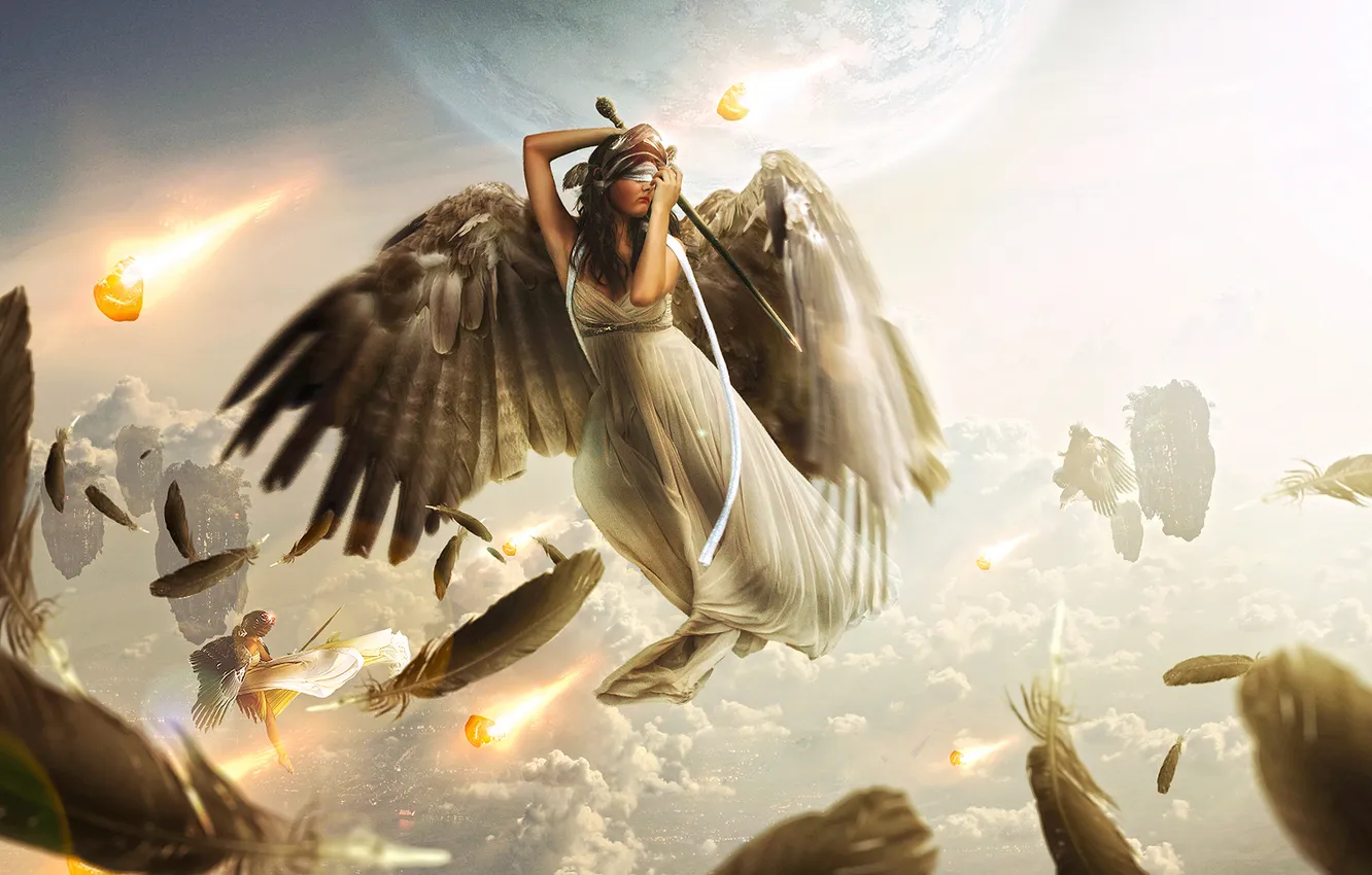 Photo wallpaper the sky, girl, clouds, planet, wings, sword, feathers, mask