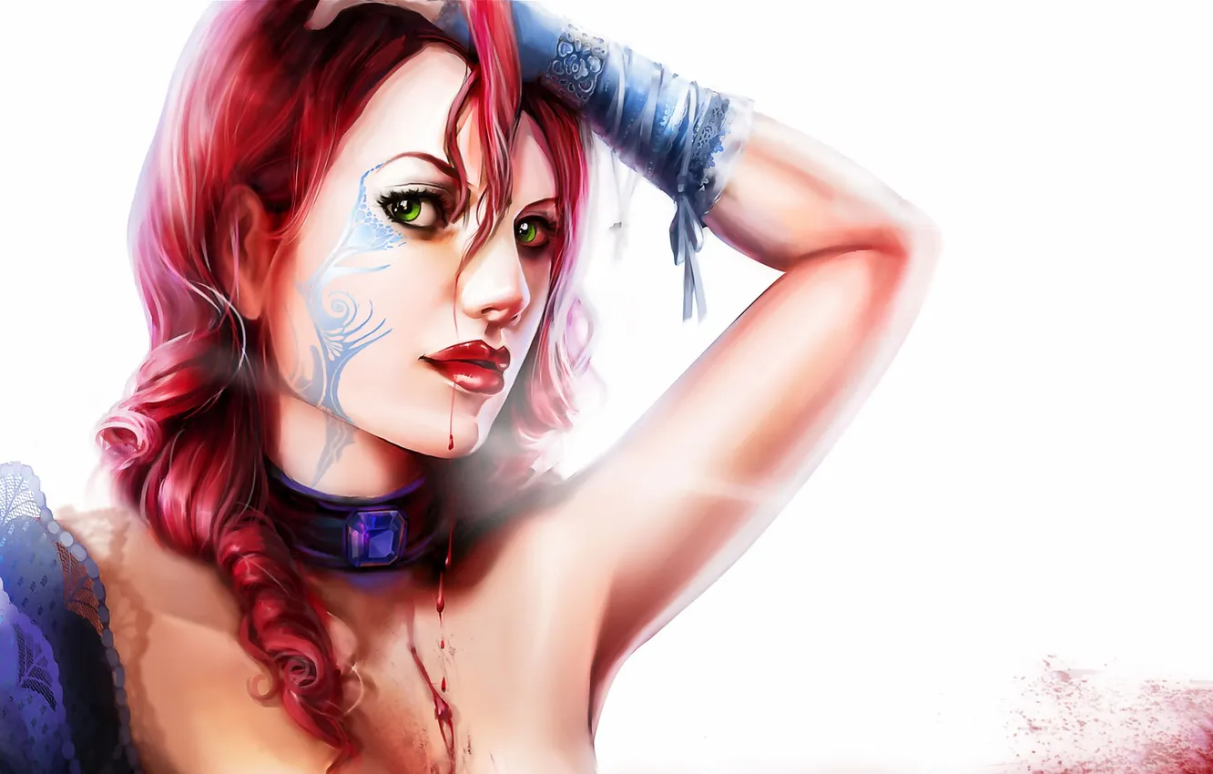 Photo wallpaper girl, drops, decoration, tattoo, white background, lace, sapphire