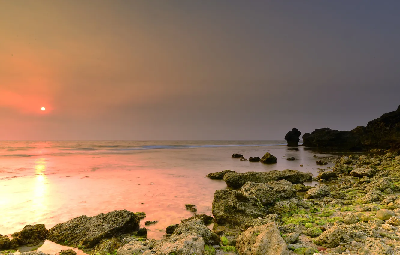 Photo wallpaper sea, stones, dawn, shore, moss