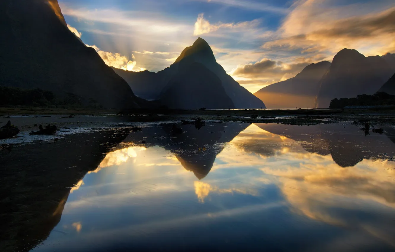 Photo wallpaper sunset, mountains, nature, lake