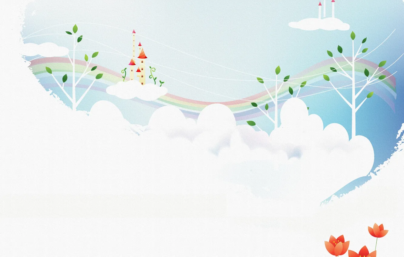 Photo wallpaper clouds, trees, flowers, rainbow, castles in the air