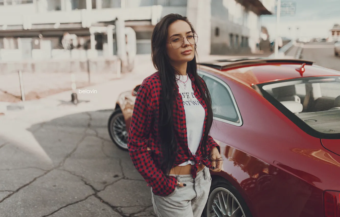 Photo wallpaper machine, girl, glasses, shirt, Alexander Belavin