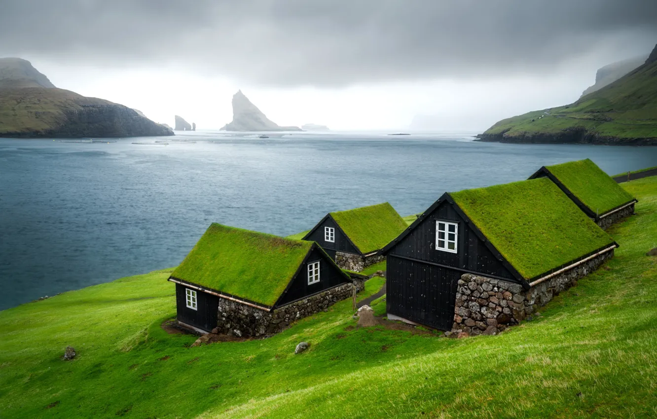 Photo wallpaper sea, mountains, rocks, shore, house, Faroe Islands, The Faroe Islands