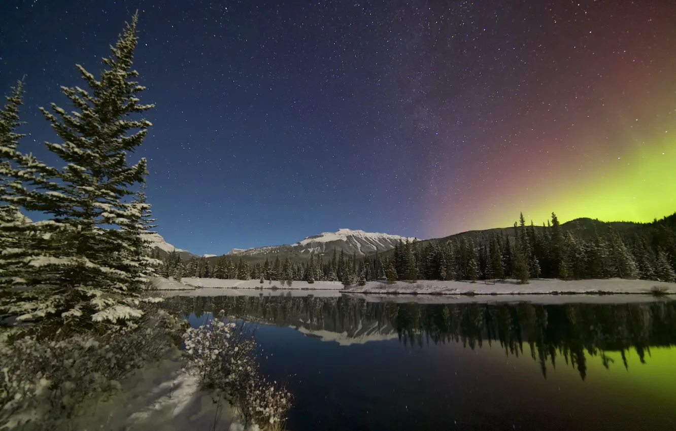 Photo wallpaper the sky, trees, mountains, lake, reflection, Northern lights, Canada, Albert