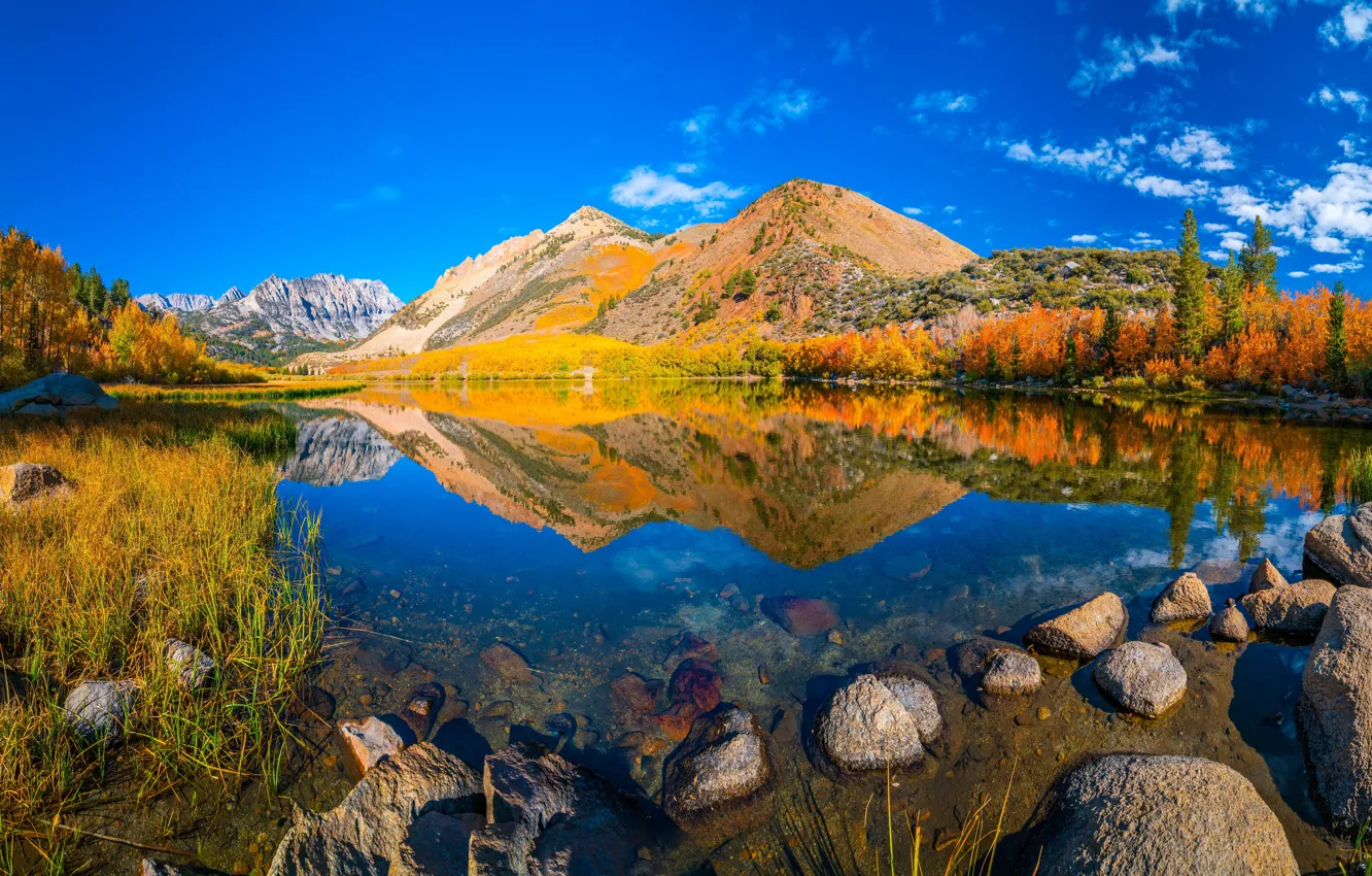 Photo wallpaper mountains, lake, reflection, stones, CA, USA
