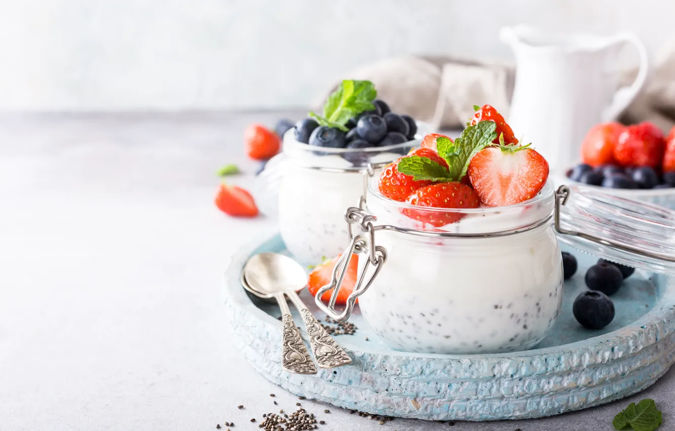 Photo wallpaper berries, blueberries, strawberry, yogurt, Divided, Chia, Iryna Melnyk