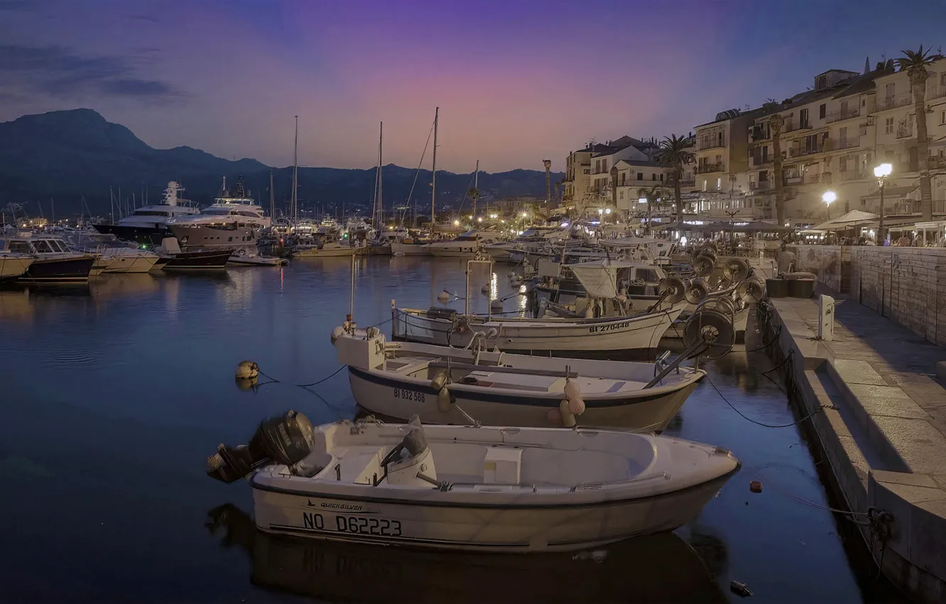 Photo wallpaper sea, landscape, mountains, boat, Marina, home, the evening, lighting