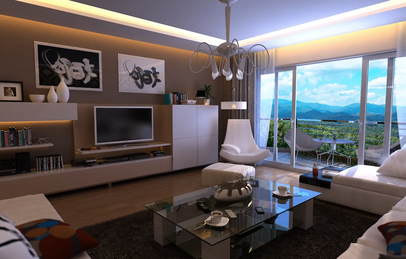 Photo wallpaper sofa, furniture, chair, TV, balcony, table, room, mountains.