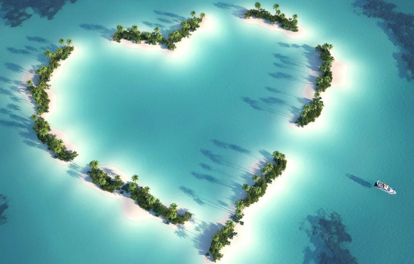 Photo wallpaper Islands, palm trees, the ocean, boat, heart, group, top, The Maldives