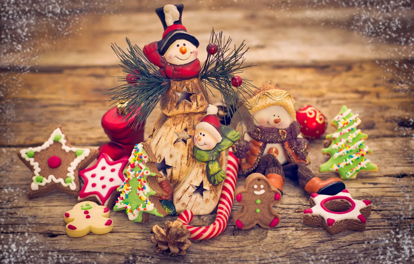 Photo wallpaper decoration, New Year, Christmas, snowmen, Christmas, Xmas, cookies, decoration