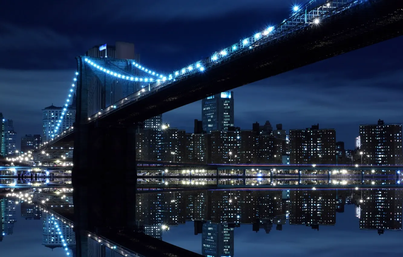 Photo wallpaper water, bridge, lights, reflection, home, night