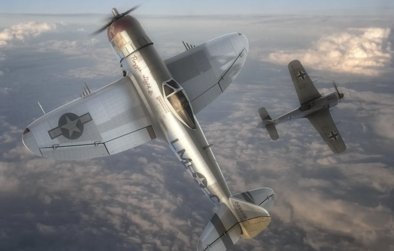 Photo wallpaper fighter, art, against, American, P-47, dogfight, The second World war, Focke-Wulf Fw 190 Wurger
