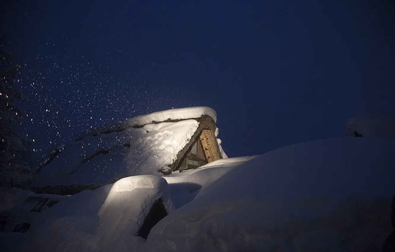 Photo wallpaper winter, snow, night, house, Japan, the island of Honshu, Gokayama, Shirakawa-go