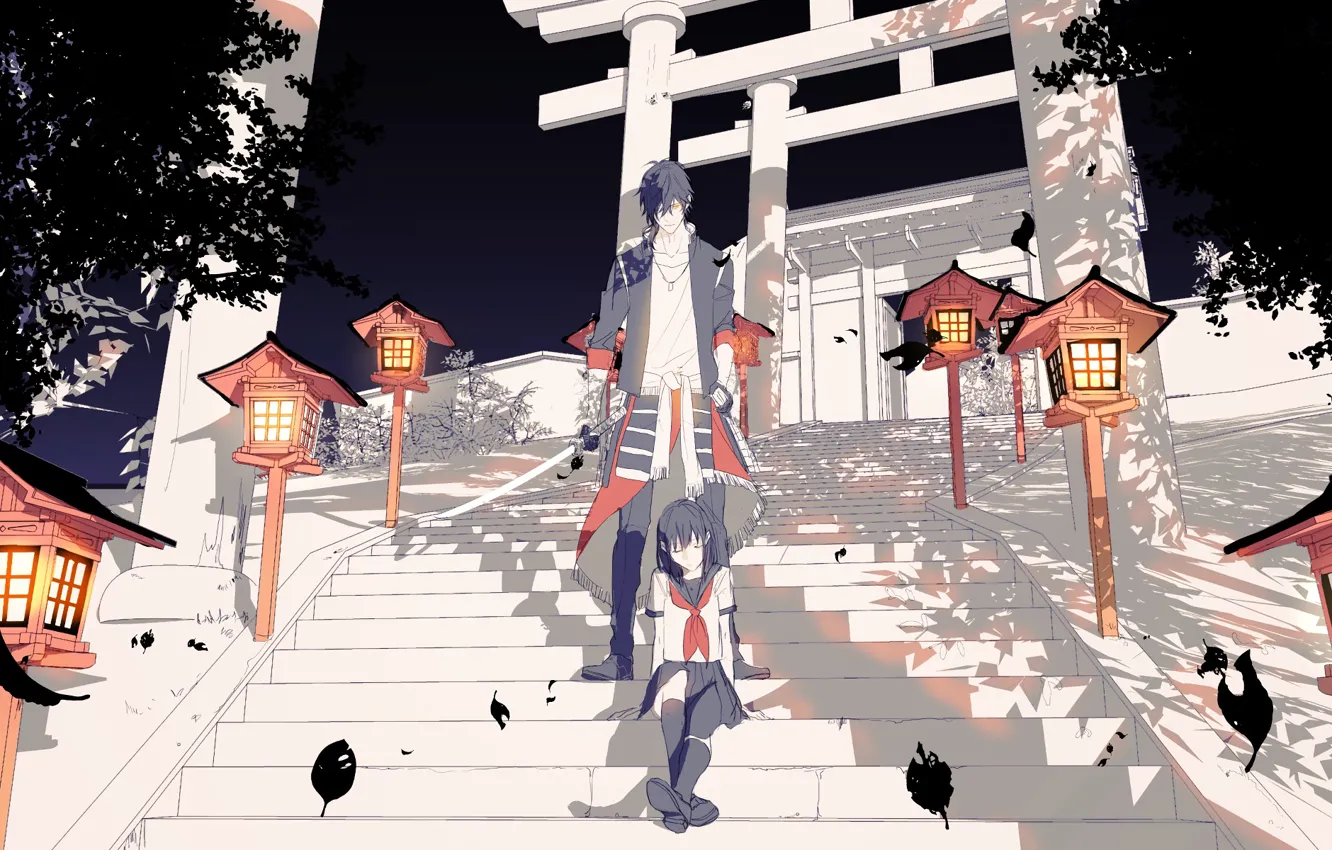 Photo wallpaper girl, anime, art, guy, Touken ranbu, Dance Of Swords, black leaves, Chech