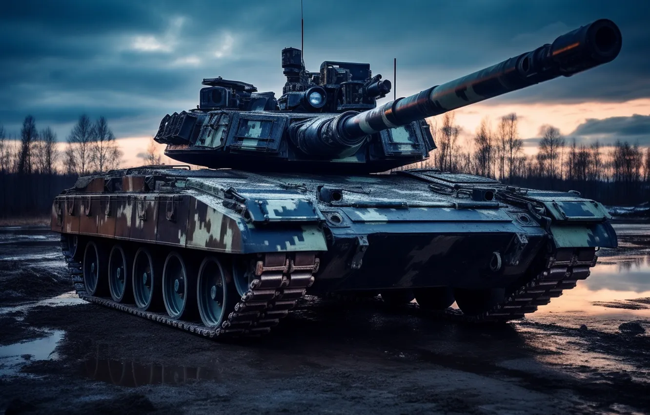 Photo wallpaper trees, dawn, tank, digital art, AI art, The Art of Artificial Intelligence, neural network