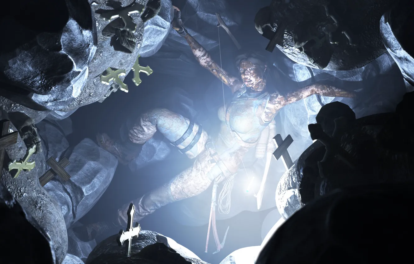 Photo wallpaper girl, light, rendering, graves, cross, Tomb Raider, cave, Lara Croft