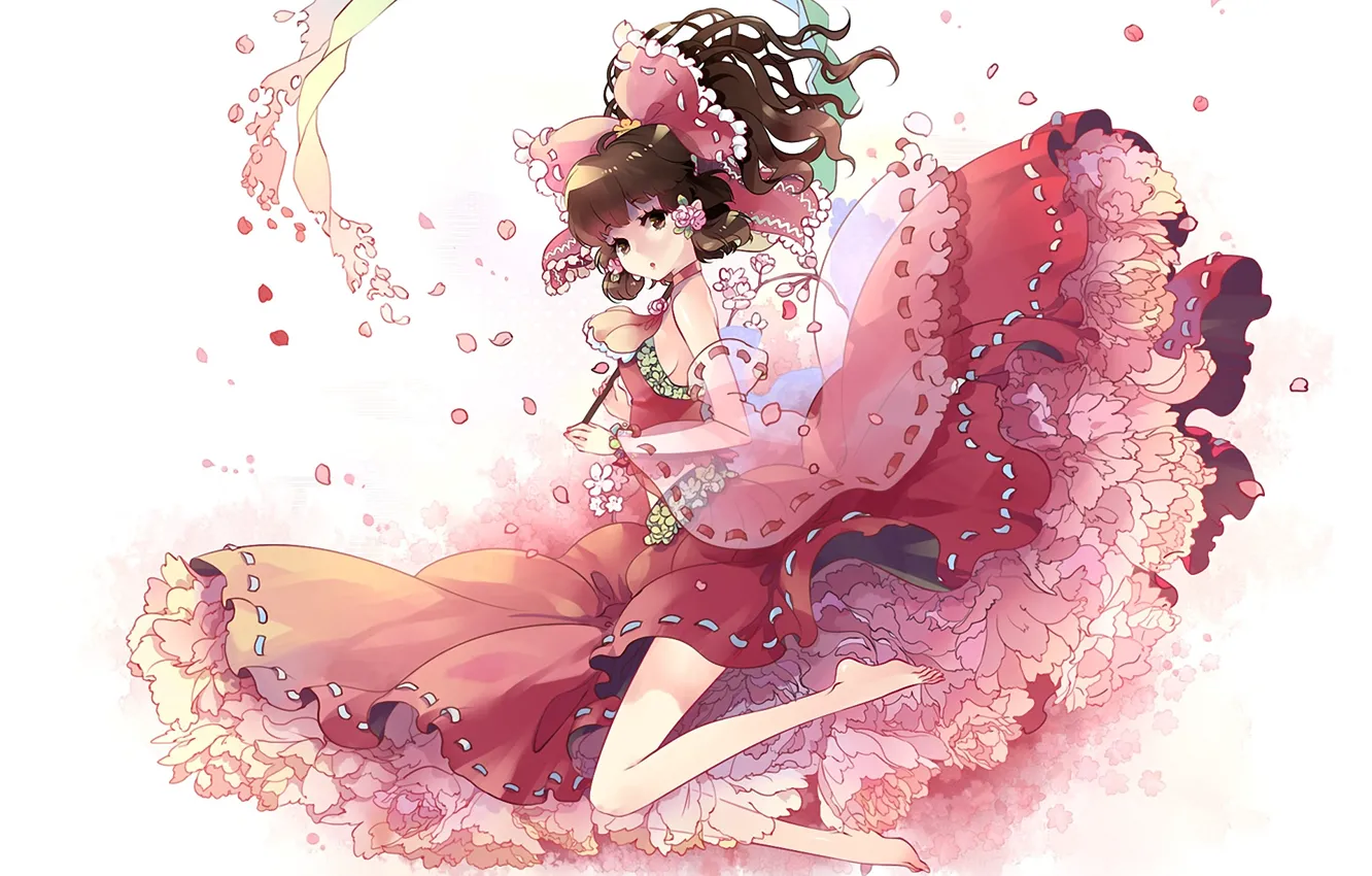 Photo wallpaper girl, figure, petals, dress, touhou, hakurei reimu, kieta