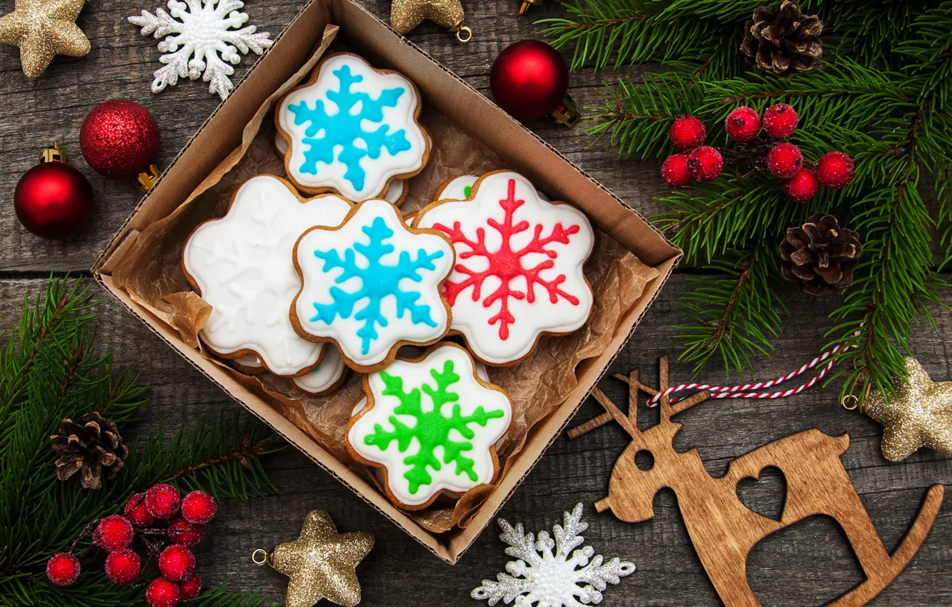 Photo wallpaper decoration, new year, Christmas, Christmas, wood, cookies, decoration, gingerbread