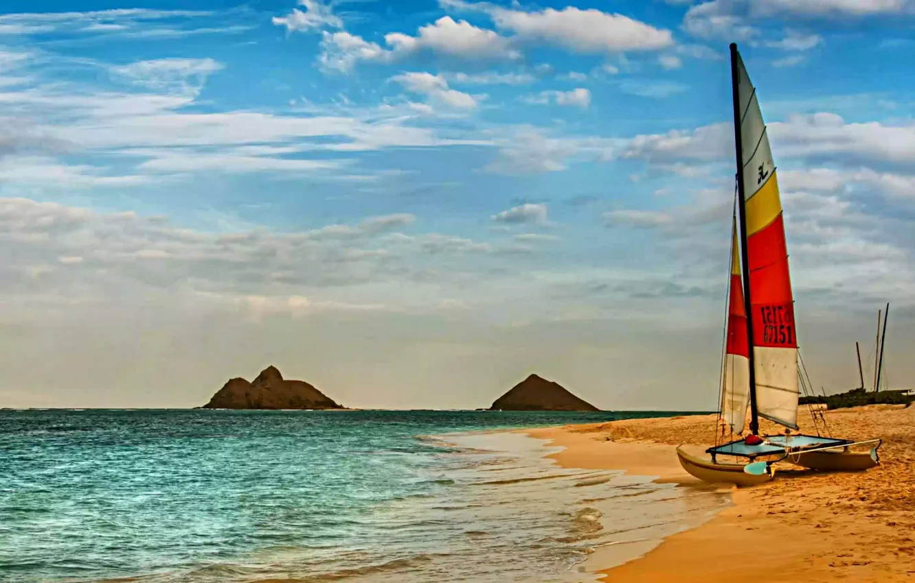 Photo wallpaper sand, sea, the sky, yacht