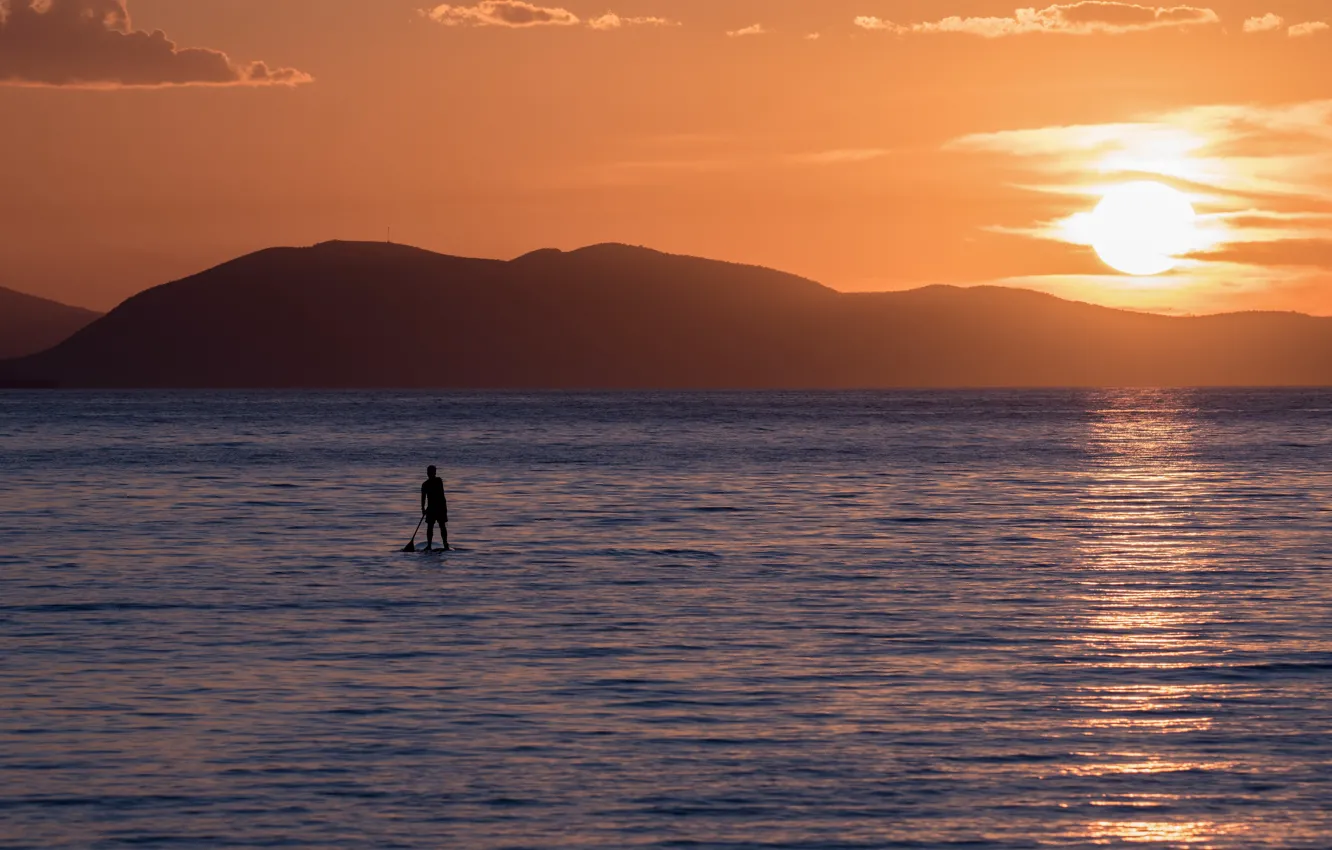 Photo wallpaper sea, sunset, Board, people