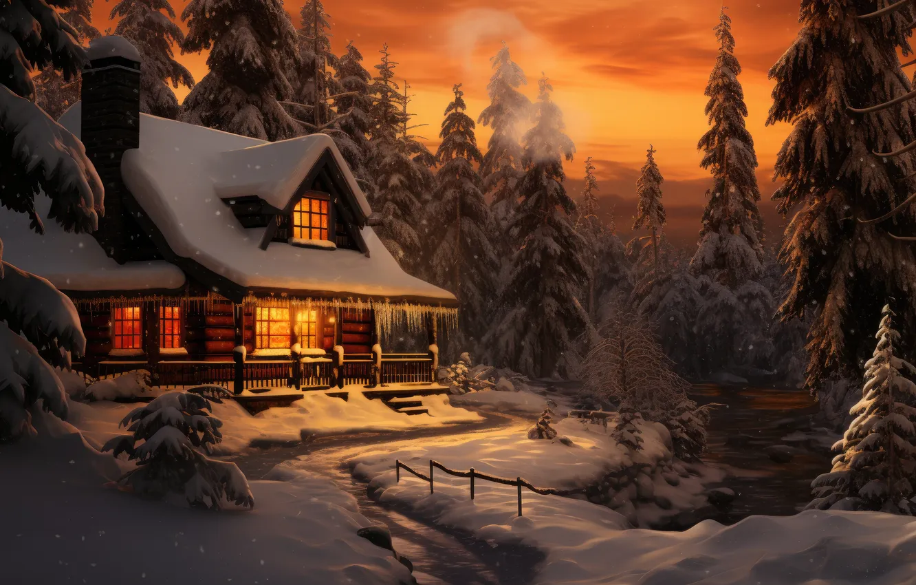 Photo wallpaper winter, forest, snow, mountains, night, nature, house, house