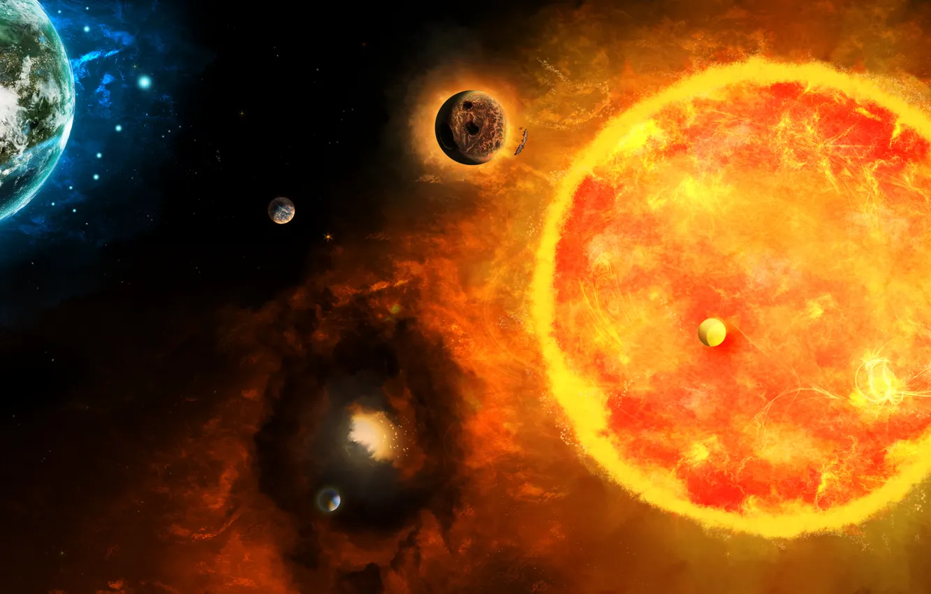 Photo wallpaper the sky, stars, light, the universe, planet, satellite