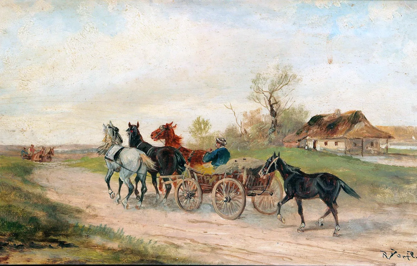 Photo wallpaper horse, people, picture, wagon, Alfred Steinaker, Alfred Steinacker, Hungarian-Austrian artist, Movement to the Hungarian market